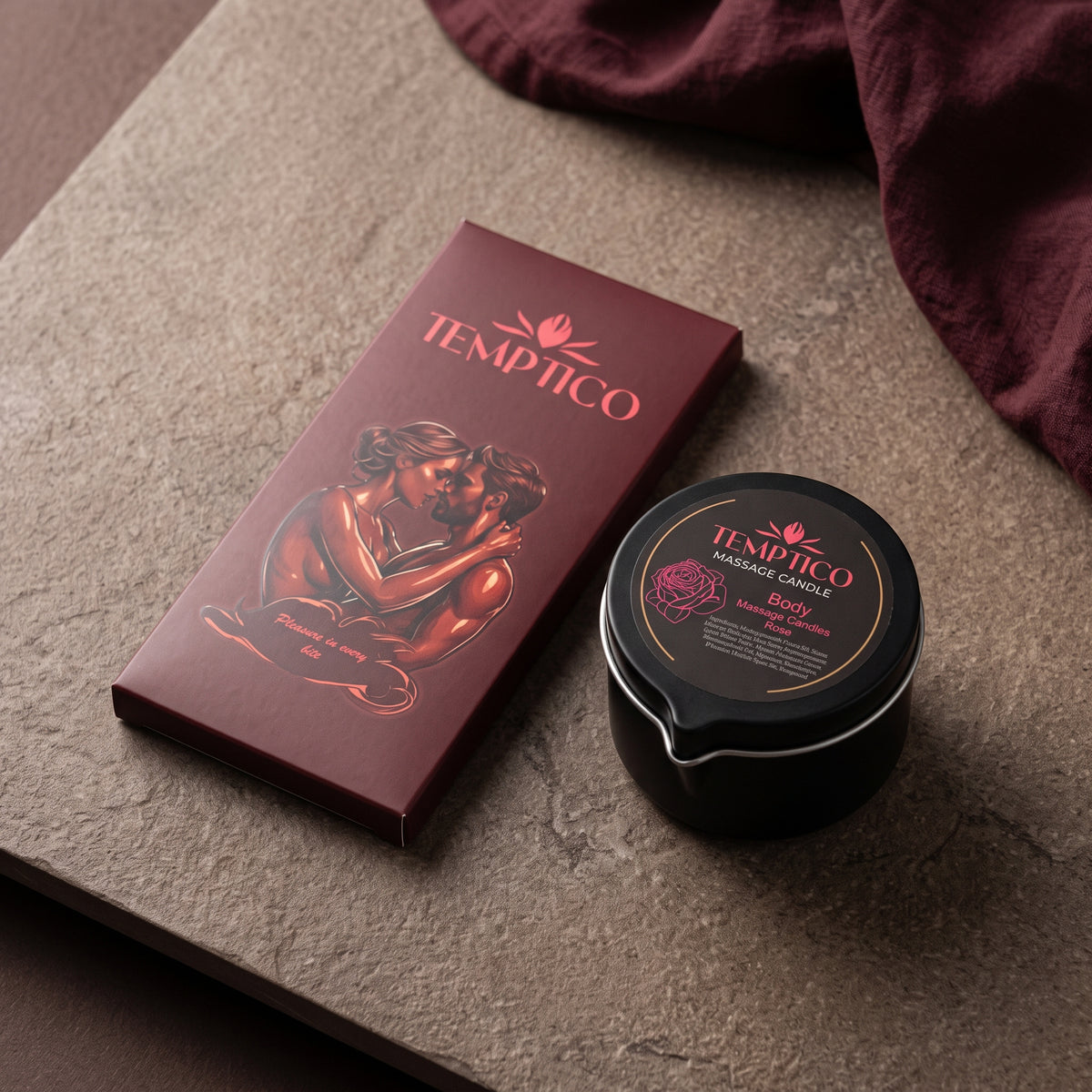 Temptico chocolate and rose massage candle on a stone surface - Ritual bundle